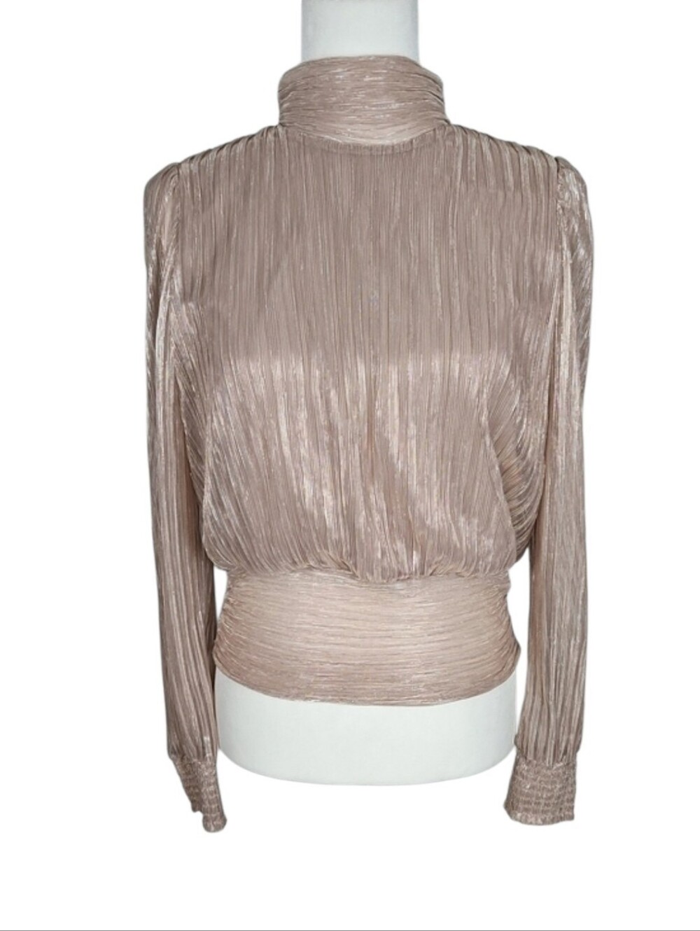 Joie Metallic Plissé Smocked Blouse in Rose Gold Long Sleeve Top Elegant Glam, M